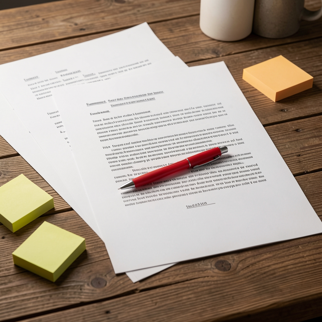 Editorial desk with printed article drafts, sticky notes, and a red correction pen laid across typed pages on a wooden surface under studio lighting