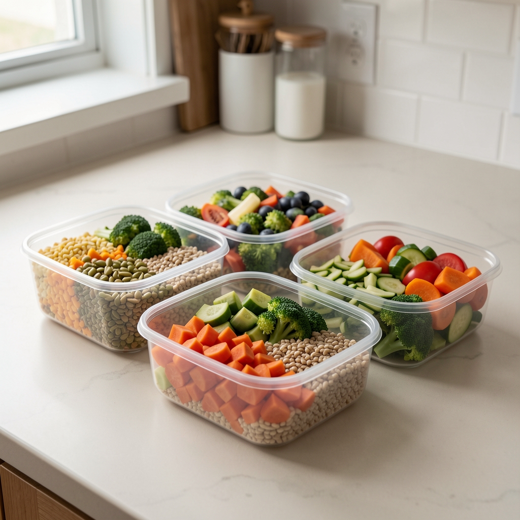 Neatly arranged weekly meal prep containers with colourful whole-grain and vegetable portions on a pale kitchen counter